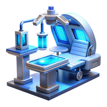 vibrant modern A futuristic hospital operating room, with holographic displays and advanced medical equipment, bathed in sterile blue light. Sci-fi lighting, medical illustration style detailed png