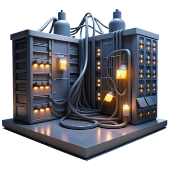 beautiful vintage A desolate server room with flickering lights and tangled wires, dim and ominous lighting, dystopian style premium png
