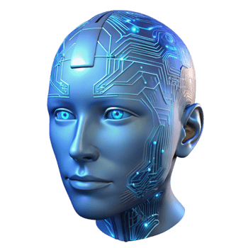 serene modern A transparent human head filled with intricate circuitry, soft blue light, cyberpunk style authentic png