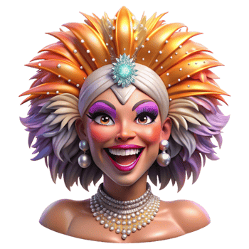 wonderful abstract Portrait of a glamorous drag queen with extravagant makeup, a feathered headdress, and a dazzling smile, lit by stage lights high quality png