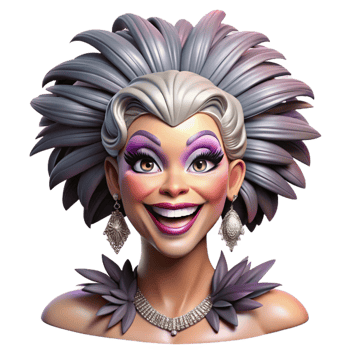 dramatic minimalist Portrait of a glamorous drag queen with extravagant makeup, a feathered headdress, and a dazzling smile, lit by stage lights 4K png
