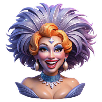 beautiful rustic Portrait of a glamorous drag queen with extravagant makeup, a feathered headdress, and a dazzling smile, lit by stage lights professional png