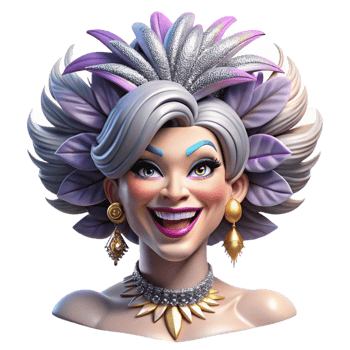 dramatic traditional Portrait of a glamorous drag queen with extravagant makeup, a feathered headdress, and a dazzling smile, lit by stage lights detailed png