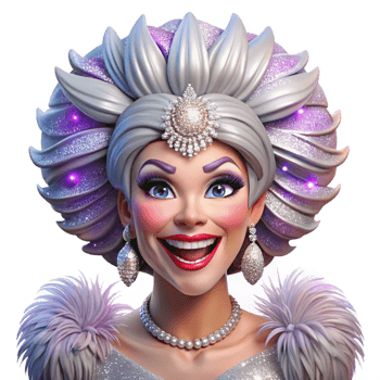 beautiful classic Portrait of a glamorous drag queen with extravagant makeup, a feathered headdress, and a dazzling smile, lit by stage lights 4K png
