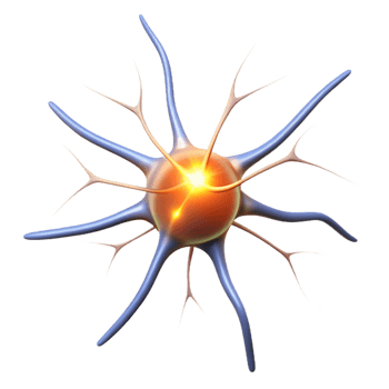 magnificent creative A single, isolated neuron firing electrical impulses, bright white light, scientific illustration style detailed png