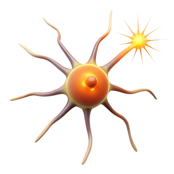 elegant traditional A single, isolated neuron firing electrical impulses, bright white light, scientific illustration style detailed png