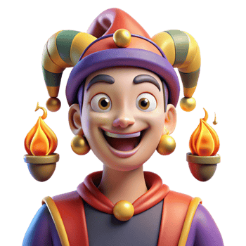 serene modern Portrait of a mischievous jester with colorful clothes, bells, and a playful grin, lit by torches in a medieval castle 4K png