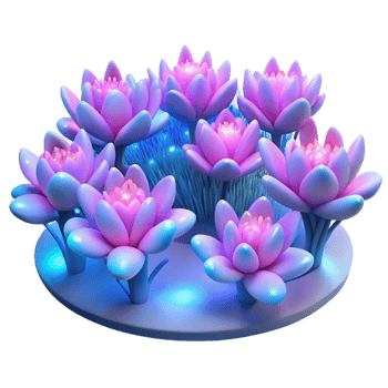 dramatic minimalist A field of blossoming, bioluminescent flowers, in shades of pink and blue, emitting a soft, ethereal glow detailed png