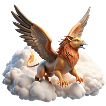 magnificent contemporary A majestic griffin soaring through the clouds, bathed in sunlight. Photorealistic style detailed png