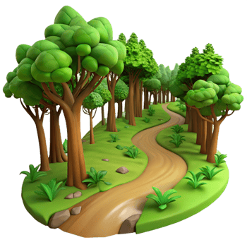 stunning modern A winding dirt path through a lush, green forest, dappled sunlight, impressionistic style authentic png