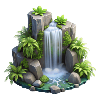 serene creative A cascading waterfall surrounded by lush ferns, misty lighting, romanticism style original png