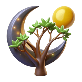 wonderful artistic A crescent moon shining through the branches of a tree, nighttime lighting, mystical style exclusive png