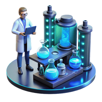 wonderful minimalist A high-tech laboratory filled with bubbling vials and complex machinery, illuminated by the cool blue light of holographic displays, a lone scientist hunched over a console 4K png