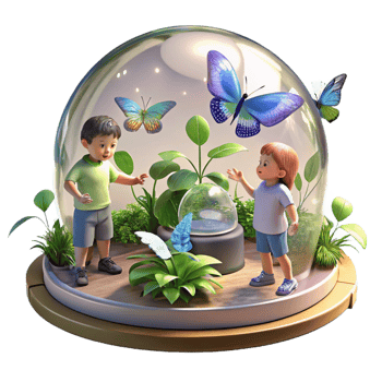 vibrant classic A group of children playing with holographic butterflies in a lush, biodome environment, sunlight filtering through the transparent dome, dappled light on the foliage professional png