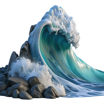 magnificent classic A giant wave crashing against a rocky shore, dramatic lighting and motion blur, hyperrealistic style authentic png