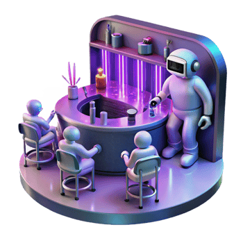 beautiful creative A futuristic bar scene with robots and aliens mingling, holographic music visualizations swirling around them, illuminated by neon lights in shades of pink and purple 4K png
