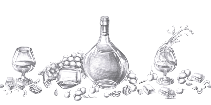 Seamless border with glasses of cognac, bottle and various snacks. Isolated pencil illustration on alcohol theme for restaurant interior design, menu, culinary magazines. png
