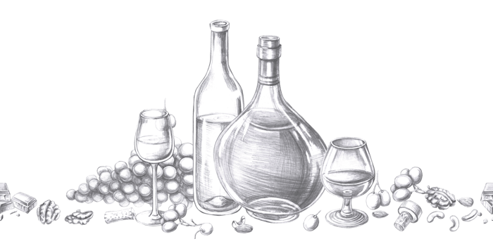 Seamless border with wine and cognac glasses and bottles. Isolated pencil illustration on an alcohol theme for restaurant interior design, menus, culinary magazines. png