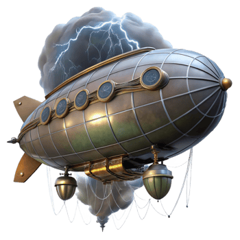 magnificent traditional A massive steampunk zeppelin flying through a storm, dramatic, lightning-filled lighting 4K png
