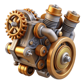 stunning artistic A complex steampunk engine with spinning gears and pistons, dynamic, motion-blurred lighting high resolution png
