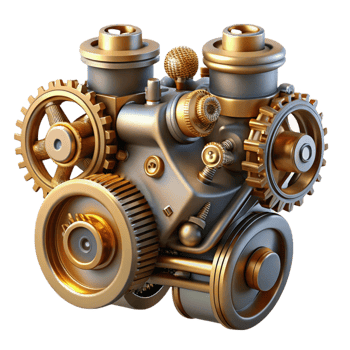 vibrant vintage A complex steampunk engine with spinning gears and pistons, dynamic, motion-blurred lighting professional png