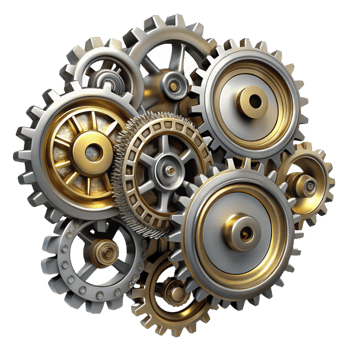 serene traditional A group of steampunk cogs and gears forming a intricate pattern, metallic, reflective lighting high resolution png