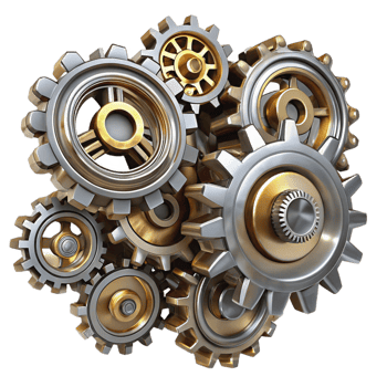 wonderful classic A group of steampunk cogs and gears forming a intricate pattern, metallic, reflective lighting detailed png