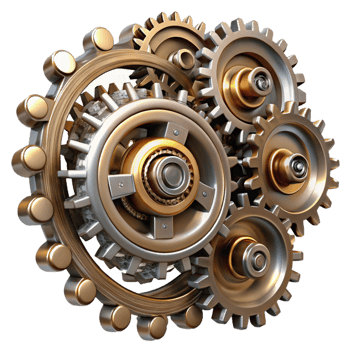 beautiful classic A group of steampunk cogs and gears forming a intricate pattern, metallic, reflective lighting high quality png
