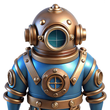 dramatic contemporary A complex steampunk diving suit with intricate brass and copper details, underwater, blue-tinted lighting professional png