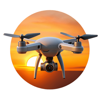 dramatic modern A solitary drone silhouetted against a vibrant orange sunset, intricate details visible on its rotors, cinematic and dramatic lighting premium png