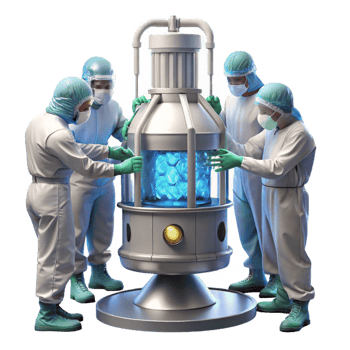 stunning contemporary A group of scientists in sterile suits working on a complex piece of machinery, illuminated by bright overhead fluorescent lights, realistic and detailed original png