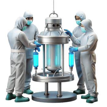 dramatic minimalist A group of scientists in sterile suits working on a complex piece of machinery, illuminated by bright overhead fluorescent lights, realistic and detailed genuine png