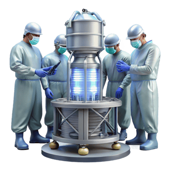 beautiful classic A group of scientists in sterile suits working on a complex piece of machinery, illuminated by bright overhead fluorescent lights, realistic and detailed high quality png