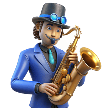 beautiful contemporary A steampunk musician playing a brass saxophone with intricate valve work, bathed in blue stage lighting, art deco style 4K png
