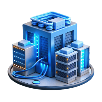 vibrant traditional A server room filled with blinking lights and cables, complex and organized chaos, cool blue lighting high quality png