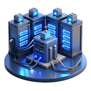 impressive classic A server room filled with blinking lights and cables, complex and organized chaos, cool blue lighting high resolution png