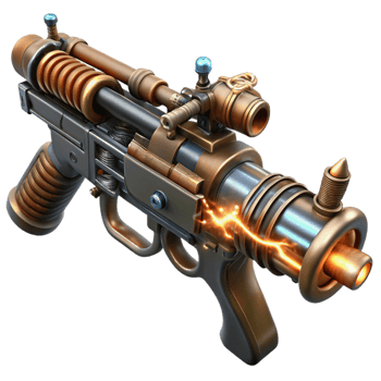 vibrant creative A steampunk-inspired weapon resembling a Tesla coil rifle, with intricate copper wiring and glowing energy coils, dark, moody lighting, sci-fi style professional png