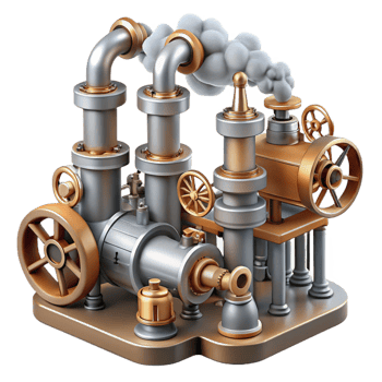 vibrant traditional A complex network of steampunk pipes and valves, with steam billowing from various points, industrial lighting, photorealistic style 4K png