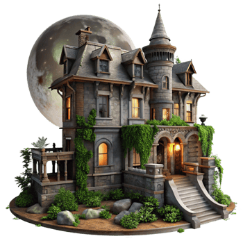 dramatic vintage A crumbling Victorian mansion, overgrown with ivy, dimly lit by a full moon, eerie atmosphere, digital painting style professional png