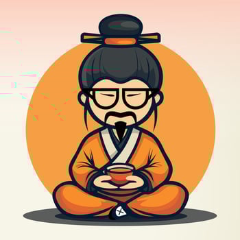 seated stylized chinese monk in national chinese clothes and hat with cup of tea vector