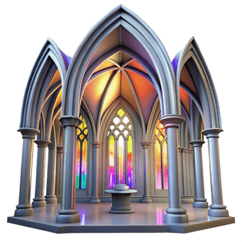 impressive rustic Gothic cathedral interior, stained glass windows casting colorful light, soaring arches, hyperrealistic render professional png
