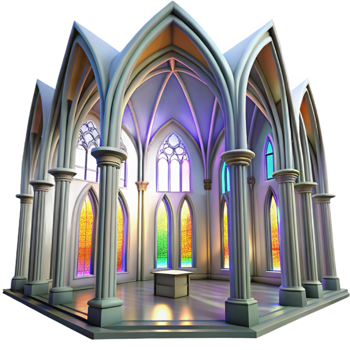 dramatic artistic Gothic cathedral interior, stained glass windows casting colorful light, soaring arches, hyperrealistic render professional png