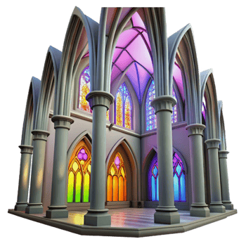 elegant traditional Gothic cathedral interior, stained glass windows casting colorful light, soaring arches, hyperrealistic render original png