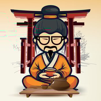 seated chinese tea master in national chinese clothes and hat in front of table against background of gate vector