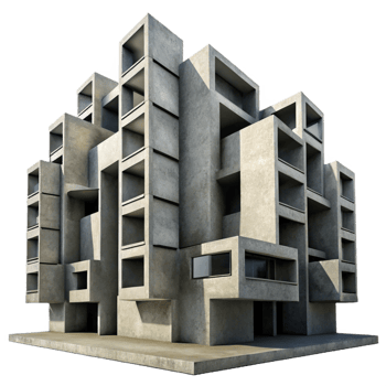 dramatic modern Brutalist concrete apartment complex, stark geometric shapes, harsh shadows, high contrast black and white photography premium png
