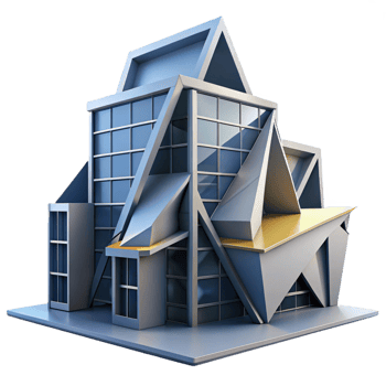 vibrant minimalist Deconstructivist office building, fragmented forms, sharp angles, dramatic lighting, abstract style detailed png