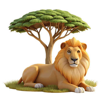 elegant contemporary A regal lion pride resting beneath the shade of an acacia tree in the golden light of the African savanna, painted in the style of classical realism authentic png