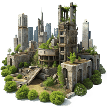 magnificent modern Post-apocalyptic cityscape, ruined buildings overgrown with vegetation, dusty atmosphere, matte painting style exclusive png