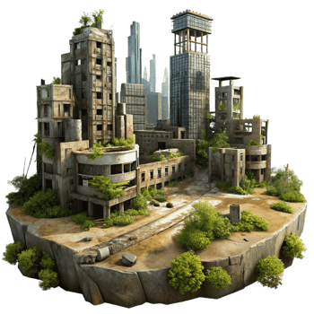 dramatic minimalist Post-apocalyptic cityscape, ruined buildings overgrown with vegetation, dusty atmosphere, matte painting style professional png