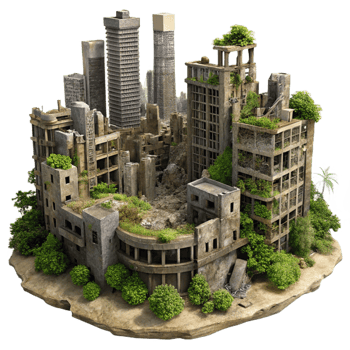 beautiful traditional Post-apocalyptic cityscape, ruined buildings overgrown with vegetation, dusty atmosphere, matte painting style high quality png